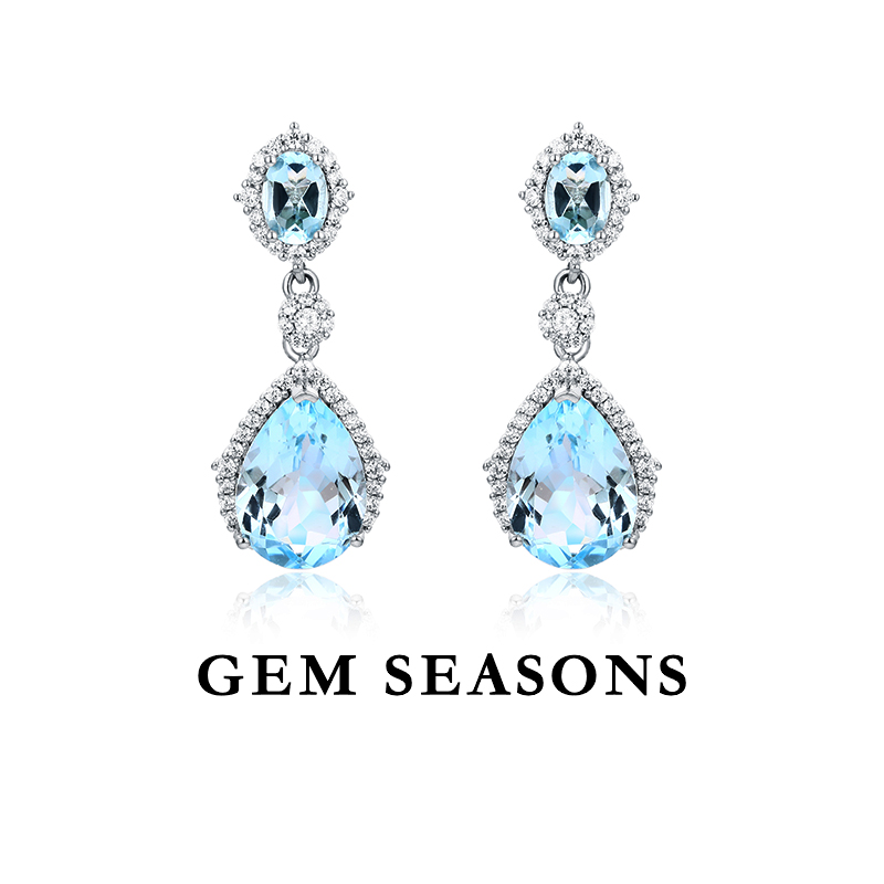 GEM SEASONS天然托帕石耳坠 轻奢长款豪华天空蓝色宝石大克拉耳饰