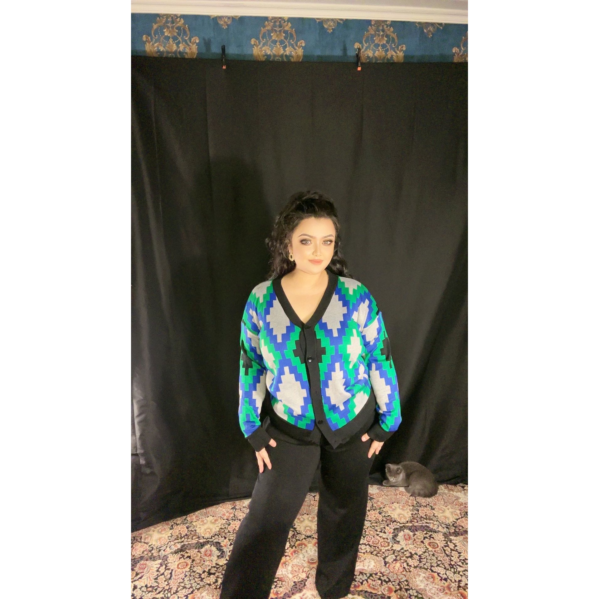 【广州发货】新款Banure秋冬彩色提花针织两件套开衫V领宽松休闲