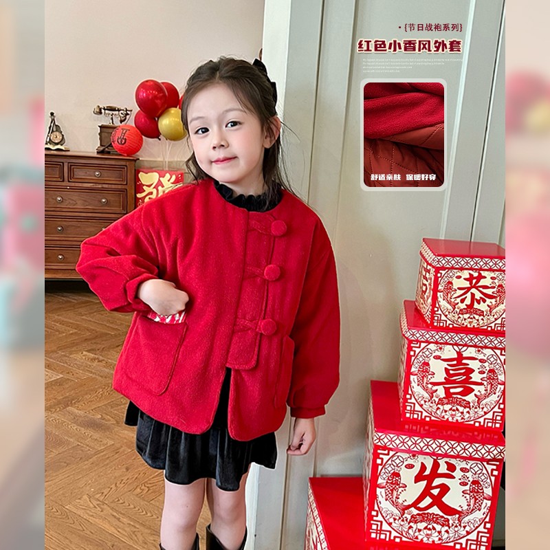 mini旦童装女童夹棉呢大衣冬季新款小女孩洋气新年装红色保暖外套