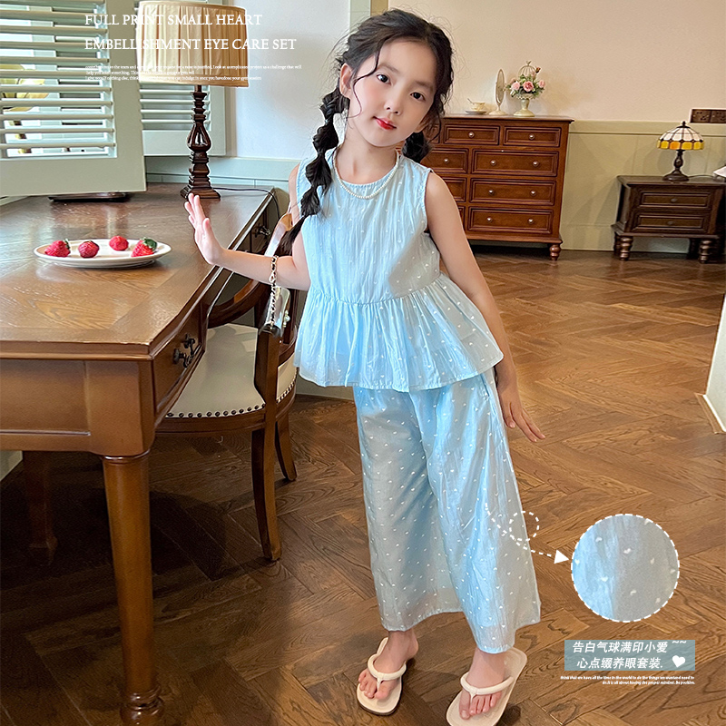 mini旦女童韩系休闲套装夏季2025新款小女孩洋气无袖阔腿裤两件套