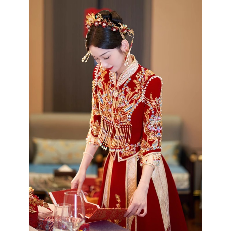 丝绒薄款秀禾服新娘奢华中式嫁衣婚服出阁出嫁高端重工婚礼服装女