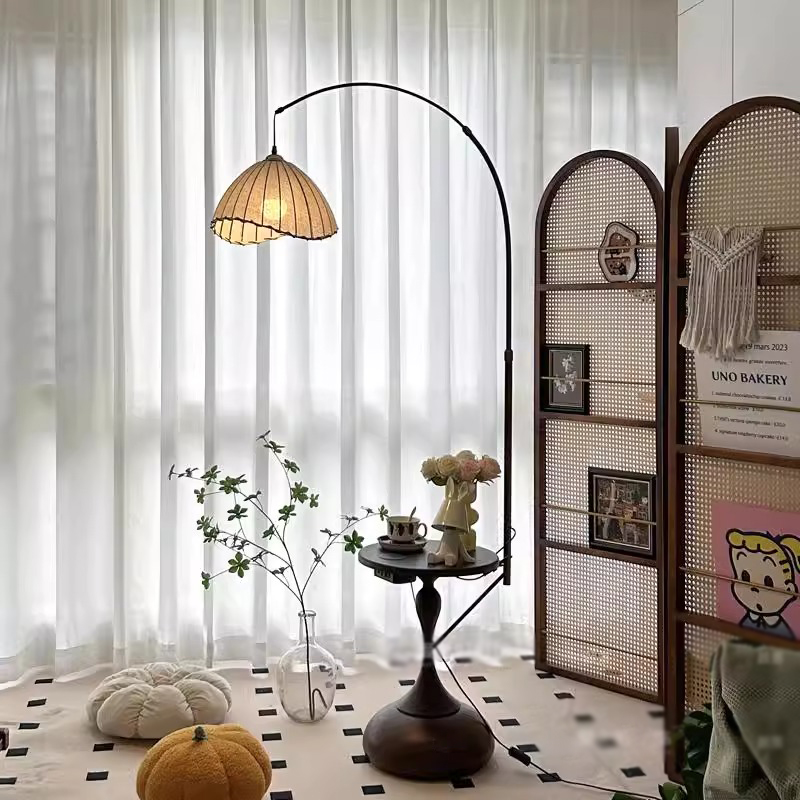 法式中古风氛围感钓鱼落地灯客厅沙发置物边几卧室床头柜台灯一体
