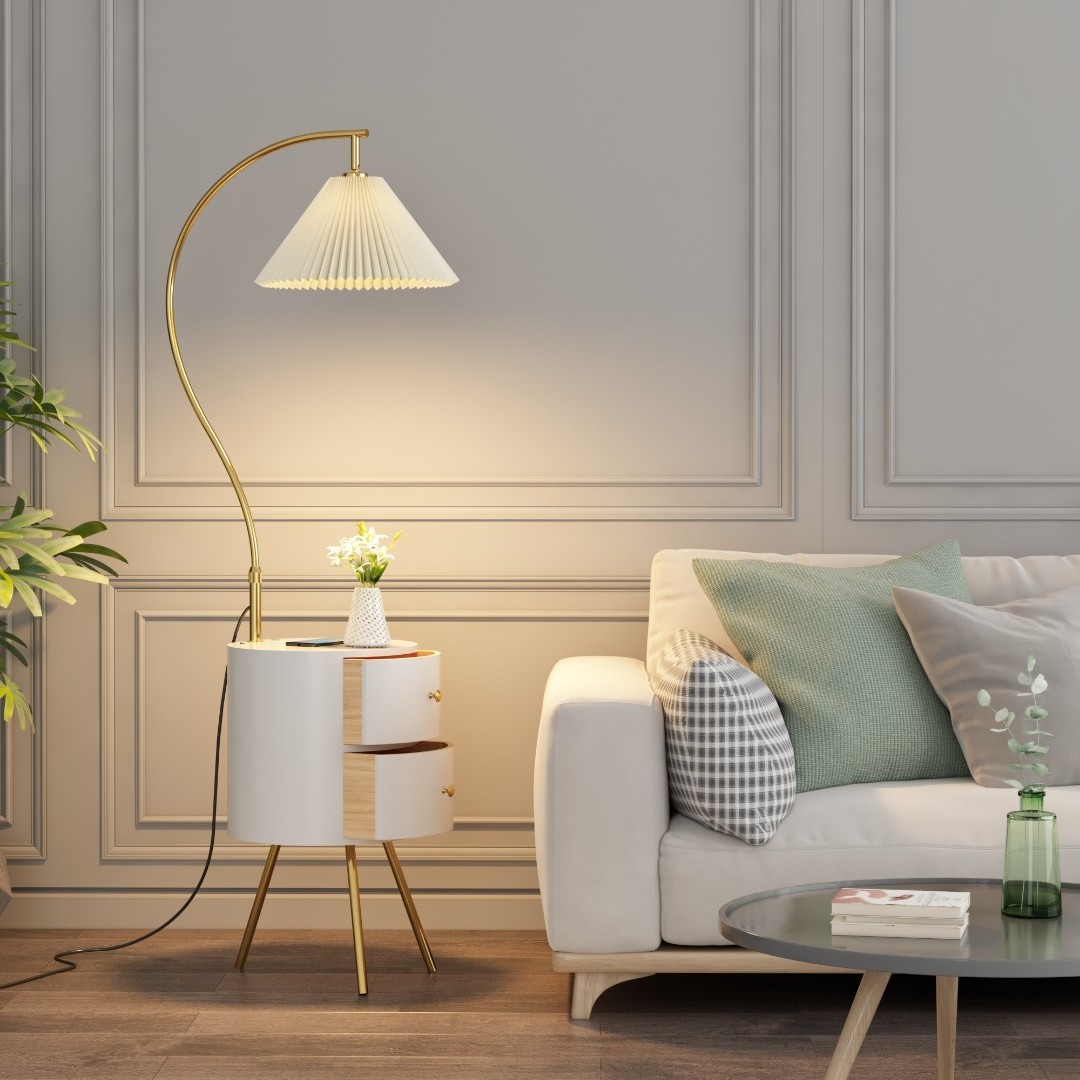 北欧百褶落地灯客厅沙发边轻奢置物架茶几抽屉卧室床头柜一体台灯