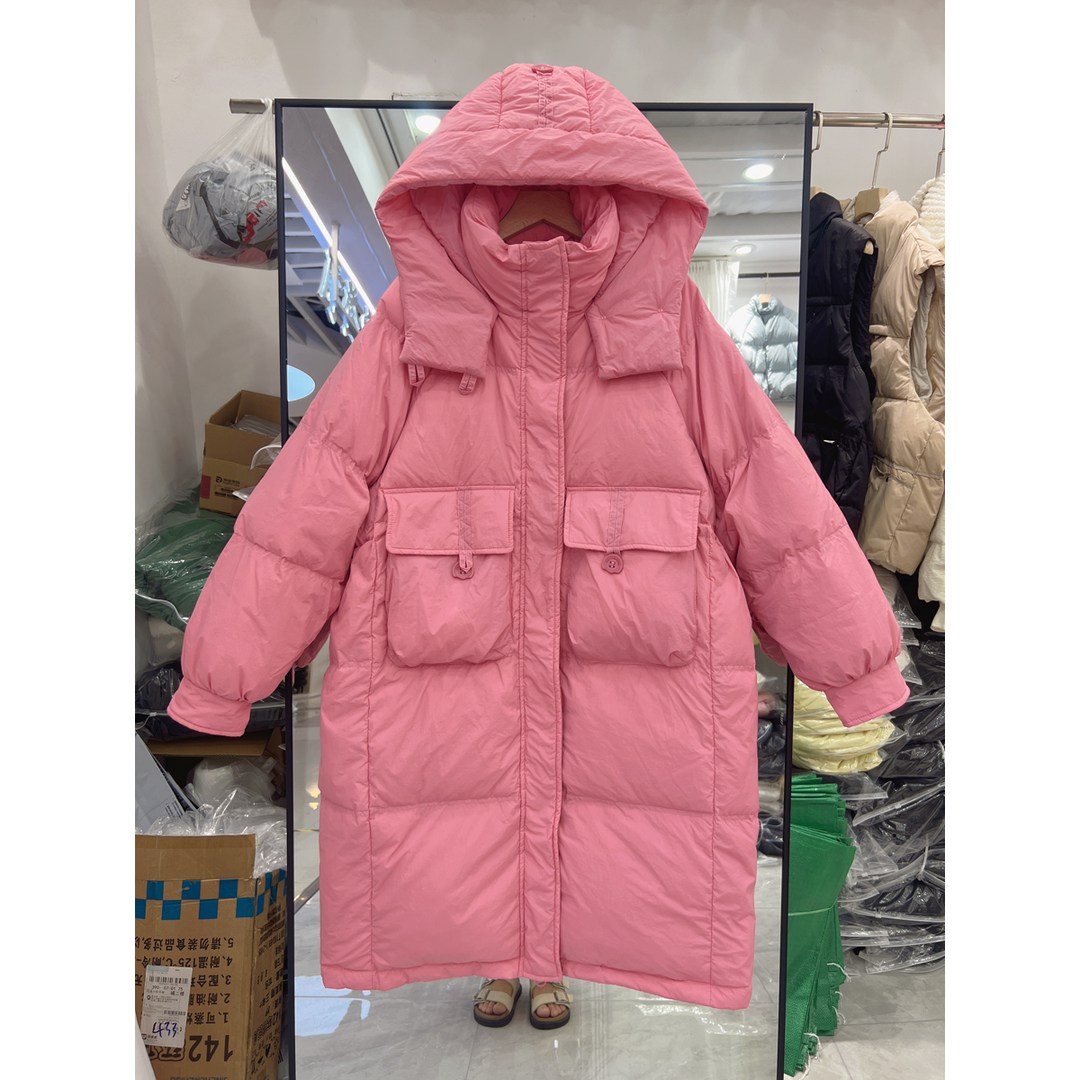 清廷心2023年韩版反季新款羽绒服女中长款连帽白鸭绒过膝加厚宽款