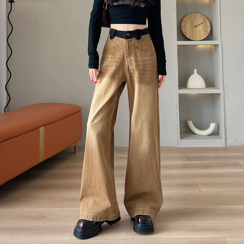 2332个性土黄直筒牛仔裤春秋显瘦休闲裤高腰宽松垂感牛仔阔腿
