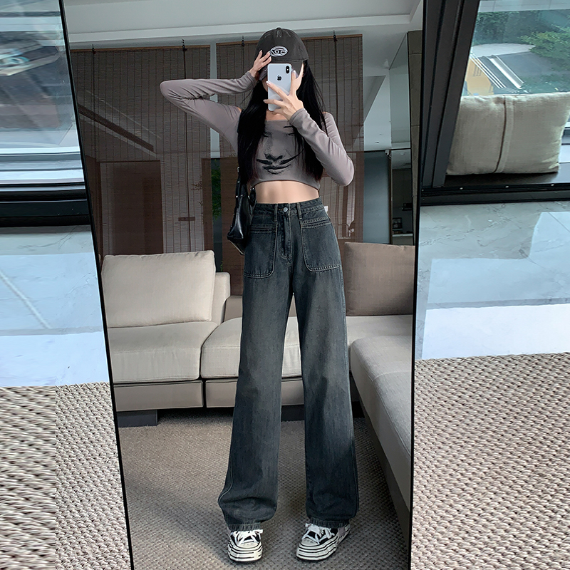 2185#水泥灰秋季宽松阔腿裤女高腰显瘦百搭牛仔长裤垂感休闲女裤