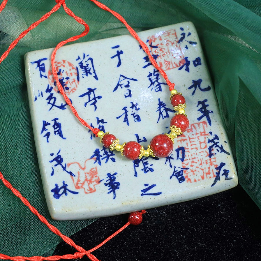 含辰砂工艺品沁缘朱砂晶体砂项链手工编织天然朱砂晶体砂