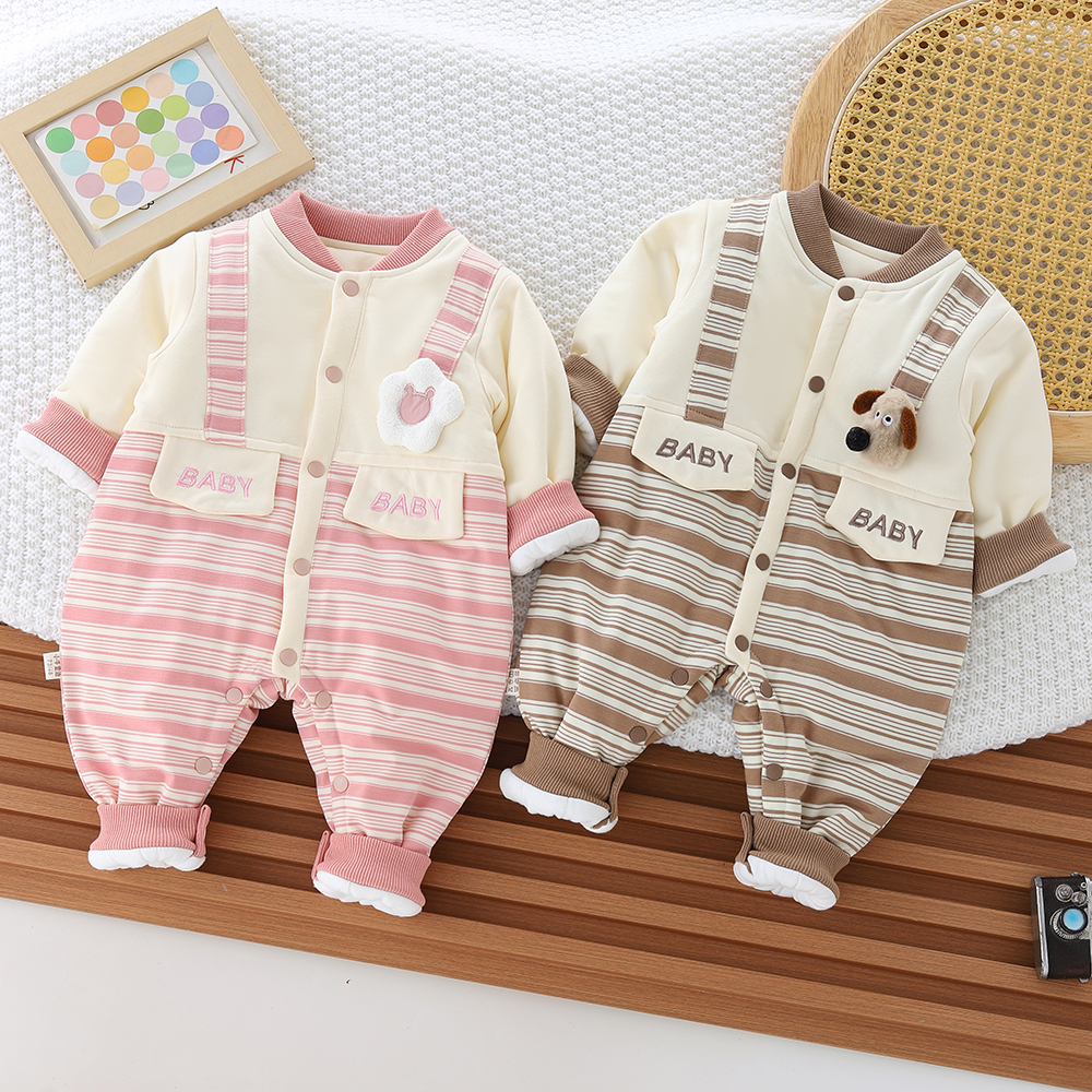 春秋款男女宝宝薄棉连体衣新生儿哈衣外出服加棉可爱洋气爆款