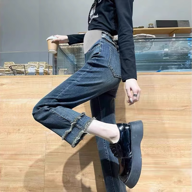 孕妇裤春秋外穿牛仔裤薄款九分小个子直筒裤夏季弹力宽松裤子夏装