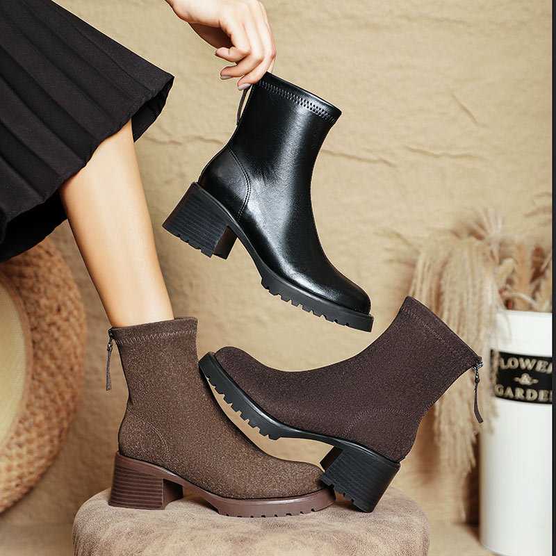 厚底马丁靴女款英伦风粗跟中筒女靴高跟短靴