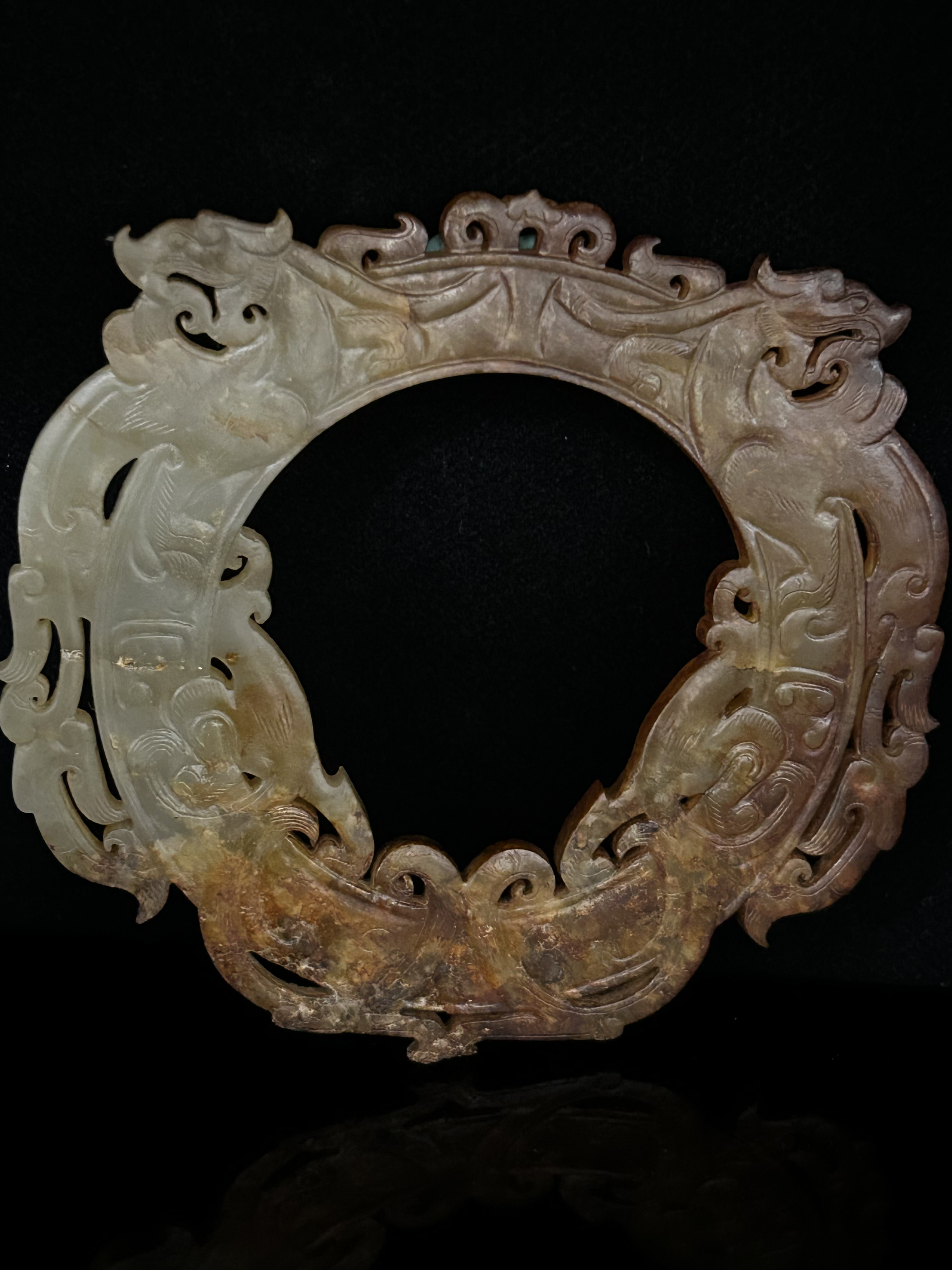 和田玉红沁双龙玉环