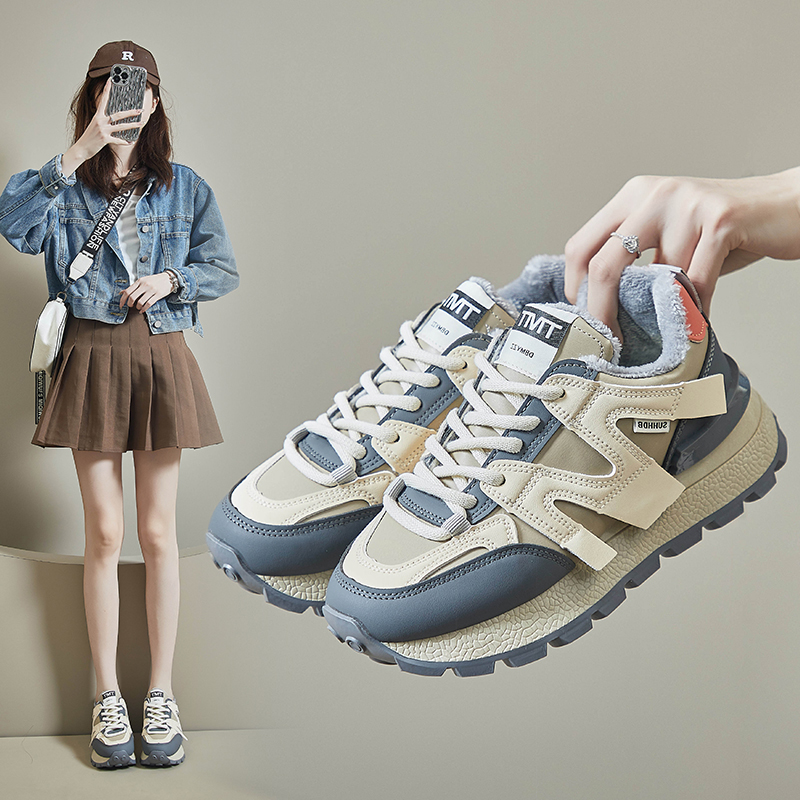 【万达撤柜】2023冬季新款ins潮韩版加绒老爹鞋女学生保暖厚底增高