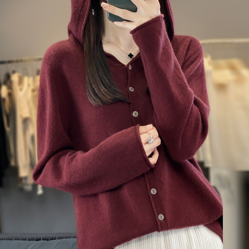 （支持质检）一线成衣100%羊毛衫连帽开衫针织气质女士帽衫 2368