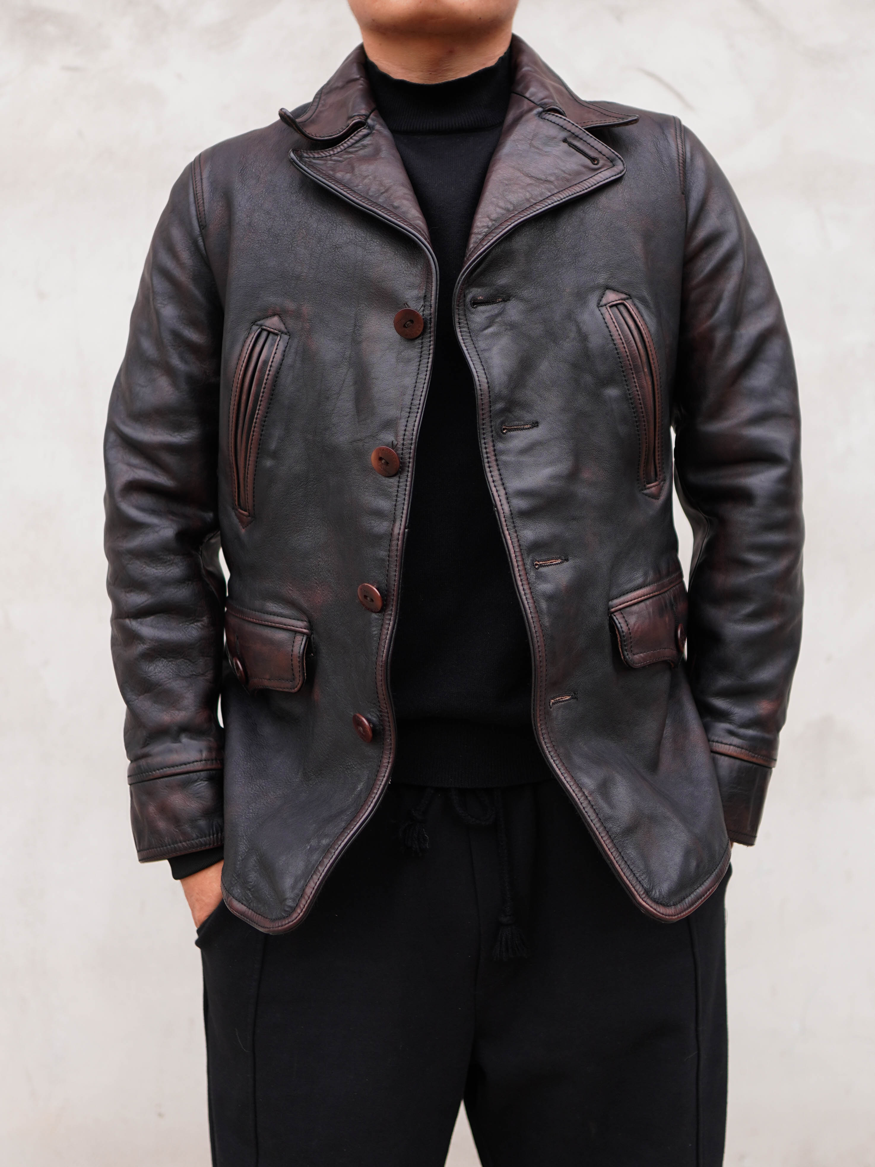 日系男士复古休闲马皮茶芯色重水洗调度员