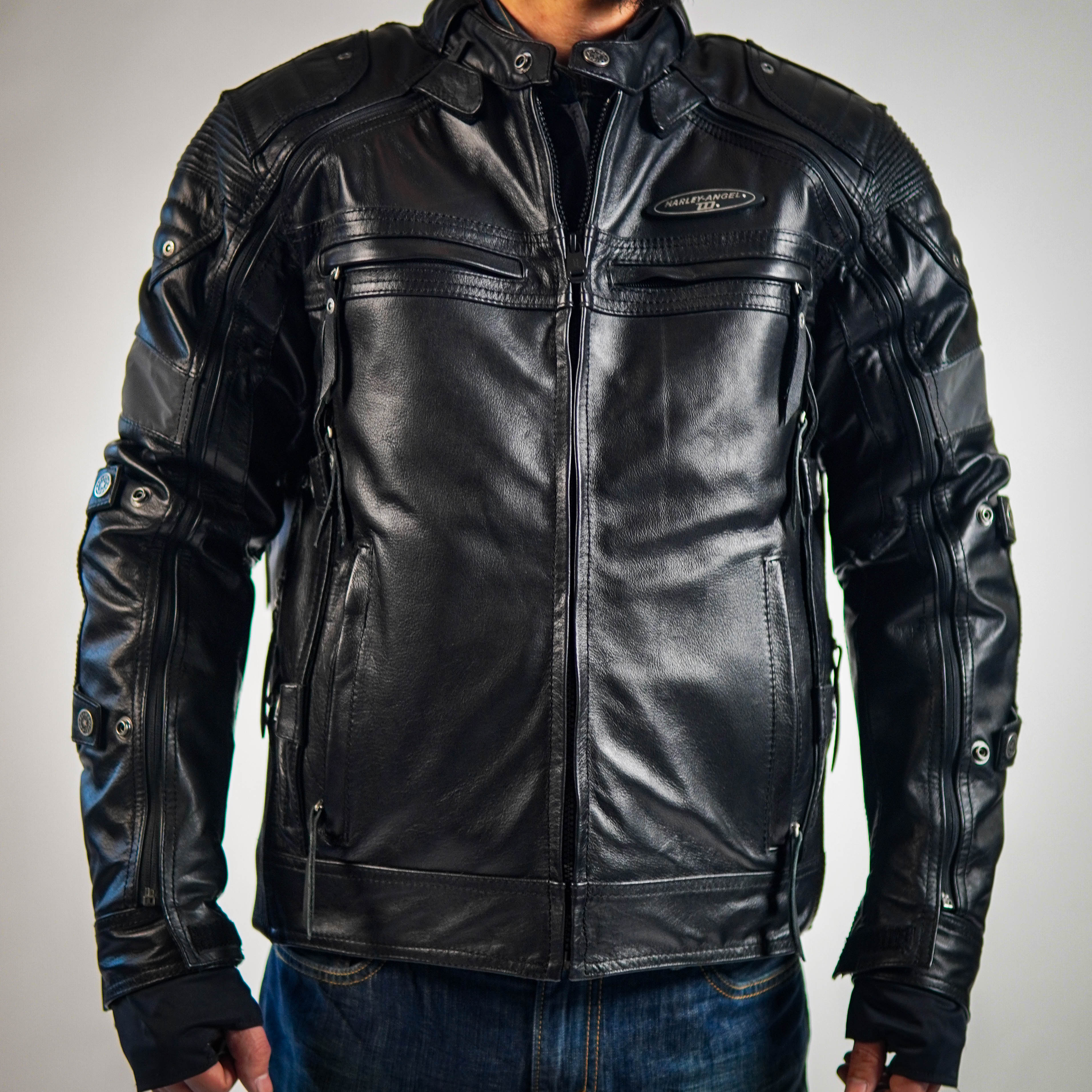 HARLEY ANGEL皮衣男春夏秋冬可拆卸四件套机车头层黄牛皮皮衣