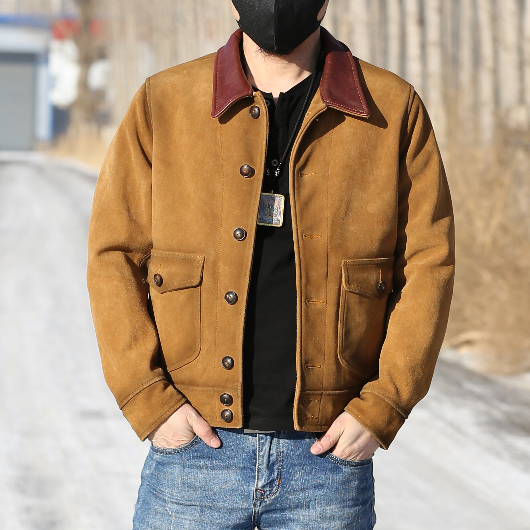 男士复古手工擦色拼接德普大叔皮夹克翻领反绒黄牛皮皮衣经典春秋