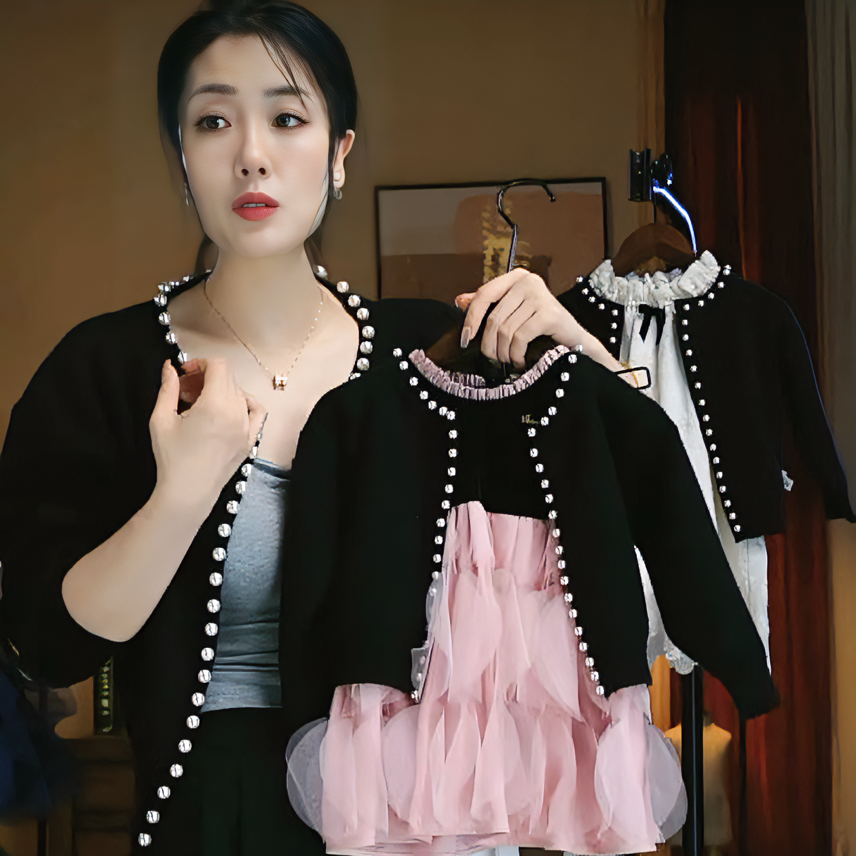 【妈妈款】珍珠开衫夏季春装圆领女童蕾丝针织衫亲子小香风洋气外套