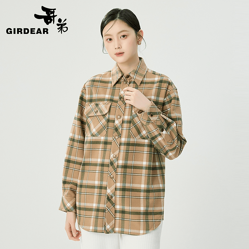 GIRDEAR/哥弟新款时尚简约宽松磨毛厚款百搭休闲格纹衬衫-1301058