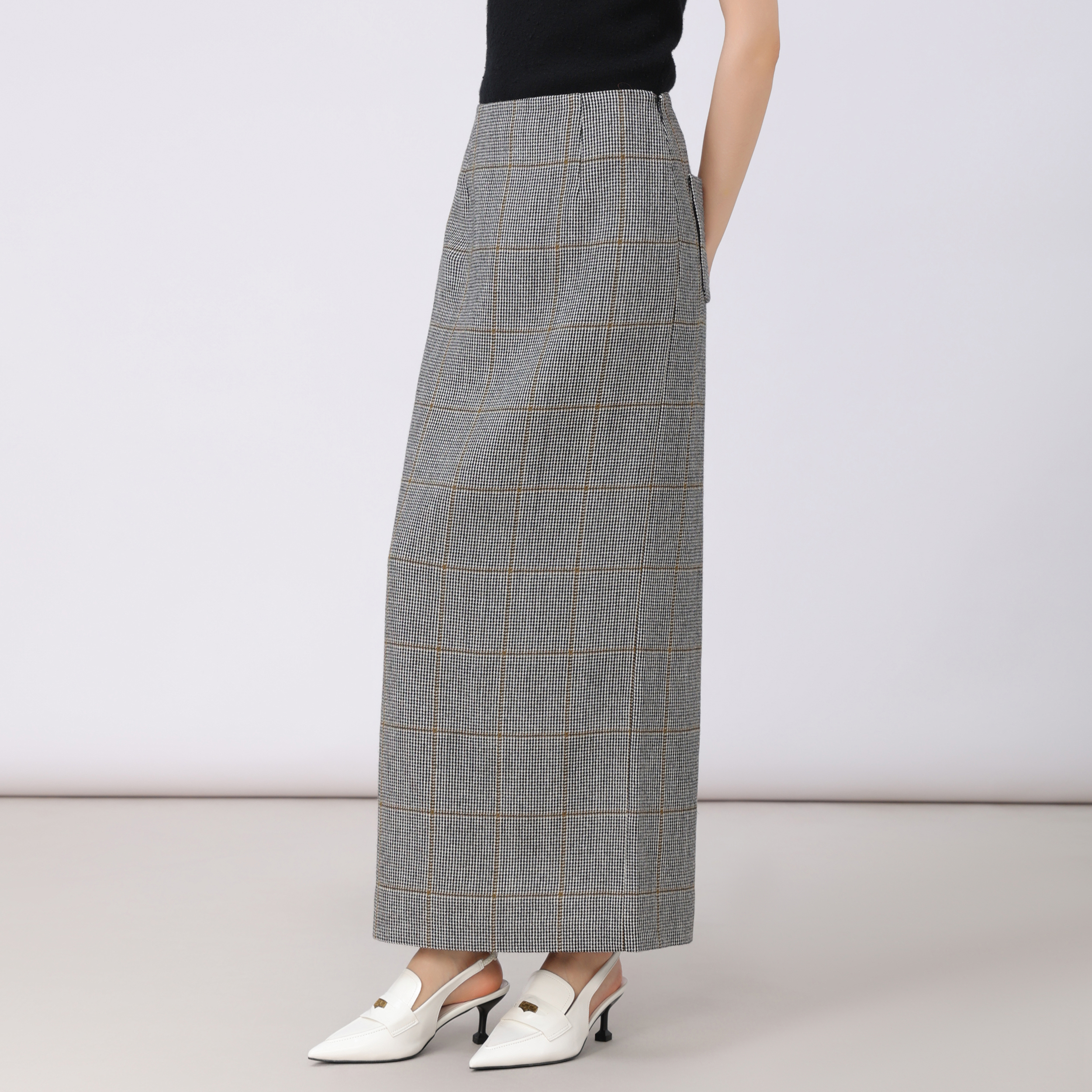 GIRDEAR/哥弟新款气质开叉长裙秋冬雅丹风千鸟格半身裙女-1200373