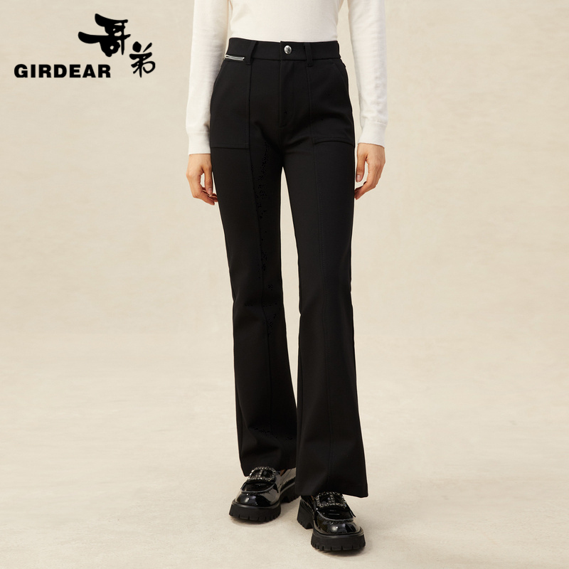 GIRDEAR/哥弟秋冬新款高腰美腿微喇纯色磨毛加绒保暖长裤1100429