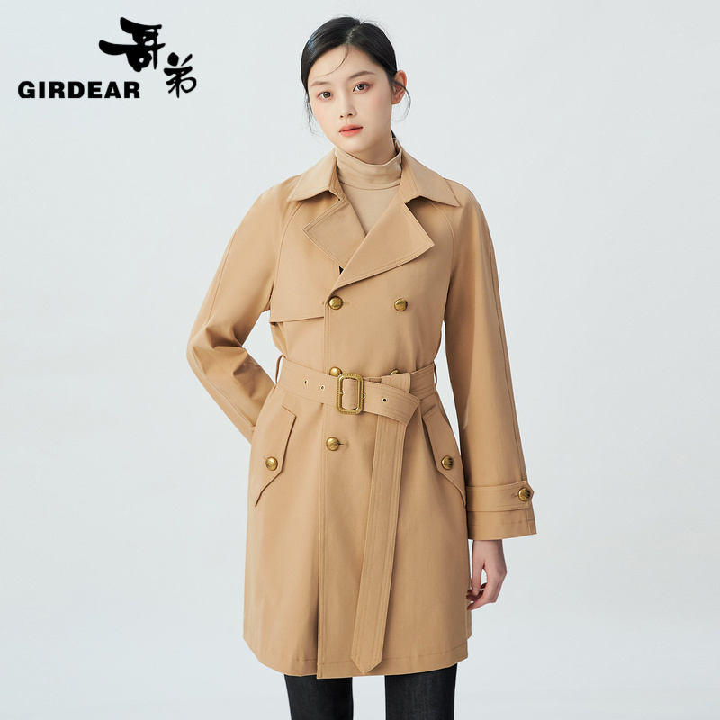 哥弟春季新款女装气质通勤中长款双排扣腰带长袖风衣外套1400666