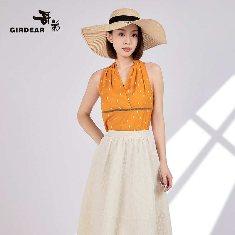 GIRDEAR/哥弟新款法式V领无袖上衣时尚挂脖外穿背心1300639-1A573