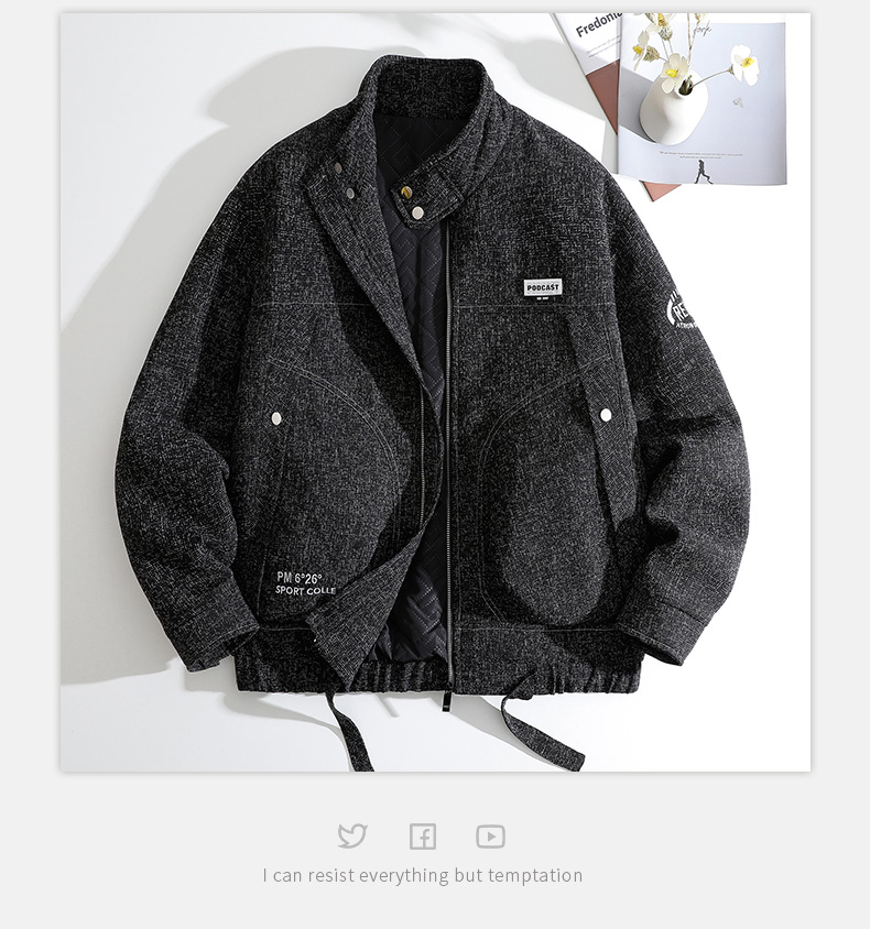 翻领工装夹克男士秋冬季韩版拼接外套潮牌轻熟风秋装棉衣宽松加厚