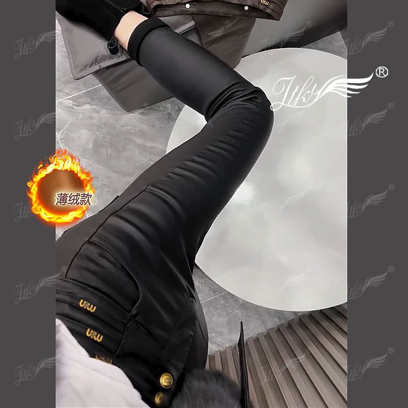秋冬加绒高腰紧身涂层皮裤女外穿洋气打底裤小脚裤显瘦长裤子