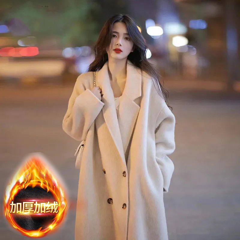 加绒米白色毛呢大衣女2023年秋冬新款加厚小个子双排扣高端外套女