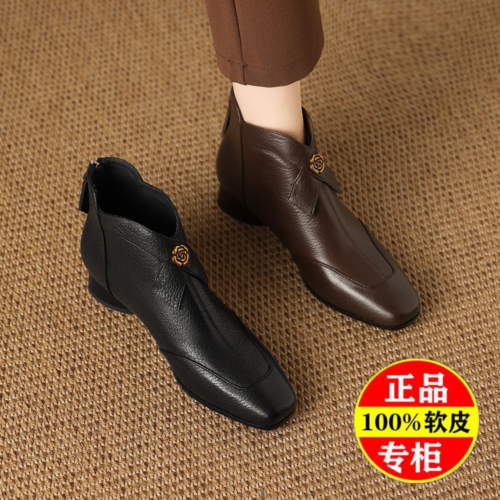 2025新款小短靴粗跟秋冬季加绒高跟鞋软皮尖头马丁靴女棉皮鞋欧1