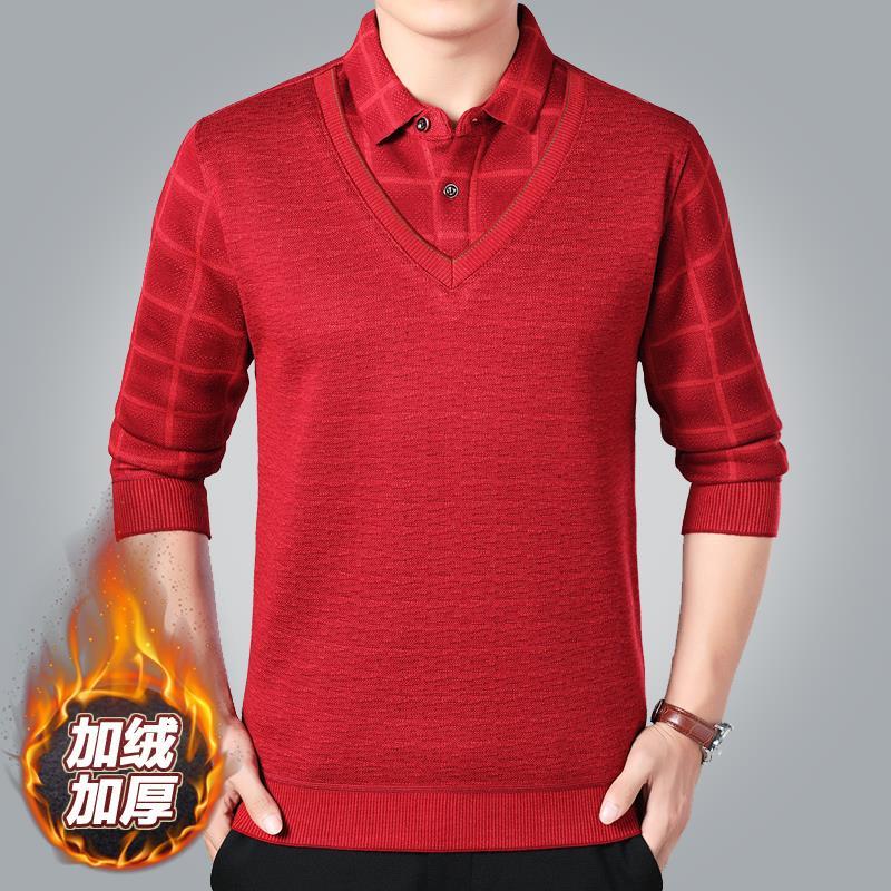 冬装中年男假两件毛衣加绒加厚衬衫中老年爸爸装本命年红色衫