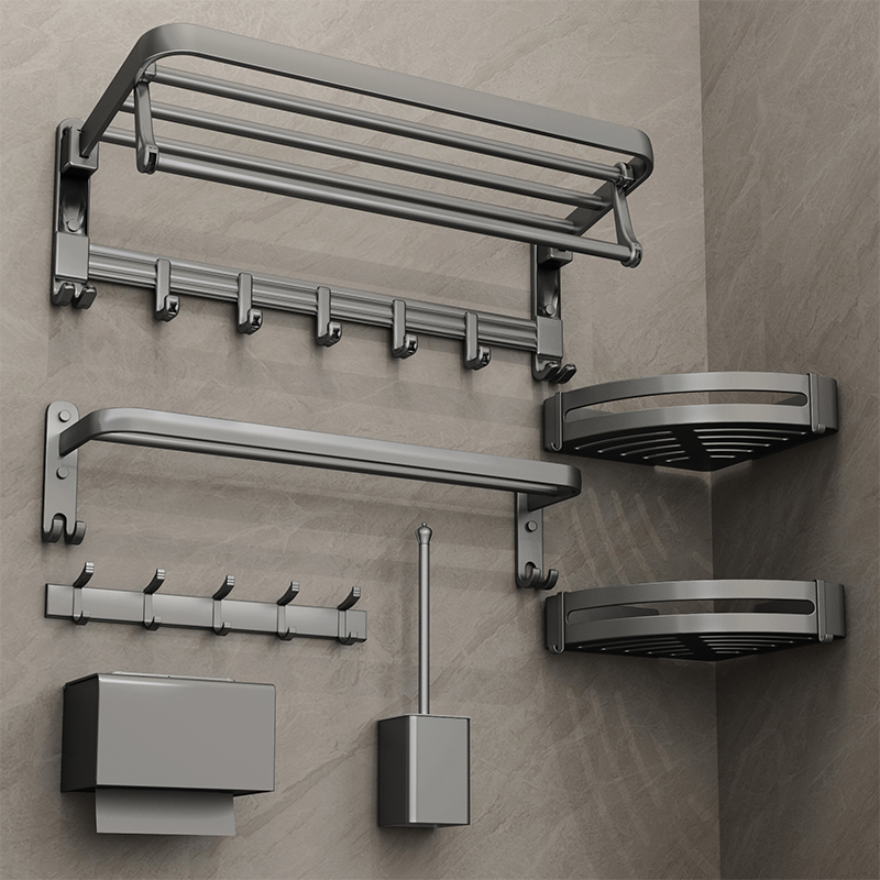枪灰浴巾架可折叠毛巾架浴室免打孔壁挂式太空铝置物架卫浴