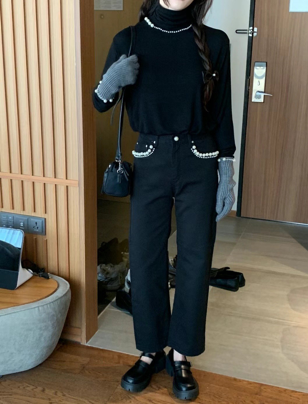 VK 黑色九分珍珠牛仔裤（加绒）