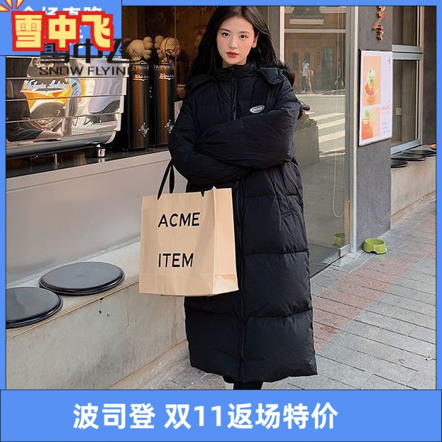 雪中飞绒服羽绒服黑色韩版女长款过膝冬季新款情侣宽松户外潮流