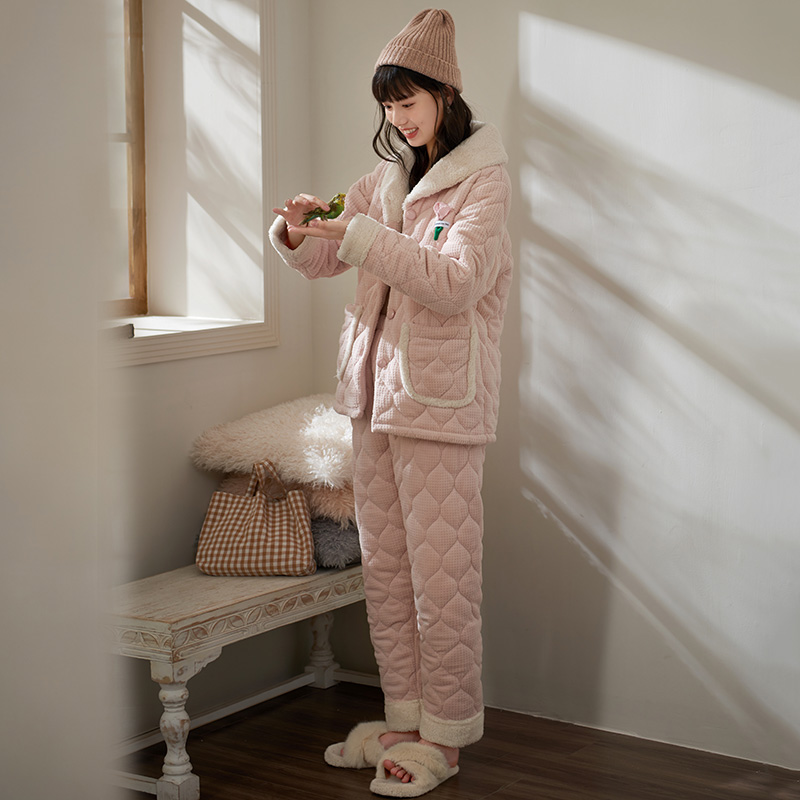马克公主睡衣女冬可爱珊瑚绒三层加厚夹棉袄可外穿家居服保暖套装