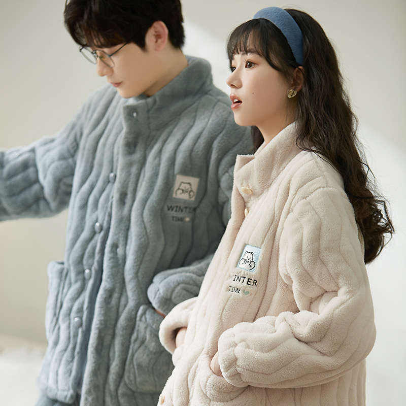 马克公主情侣睡衣冬季女小熊珊瑚绒超厚三层夹棉袄套装男士可外穿