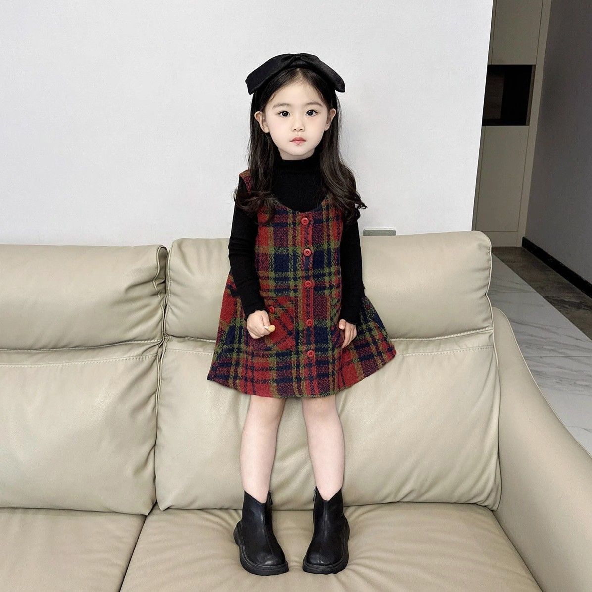 巴拉拉吧童装2024女童秋冬格纹毛呢背心裙子女宝宝韩版可爱甜美连