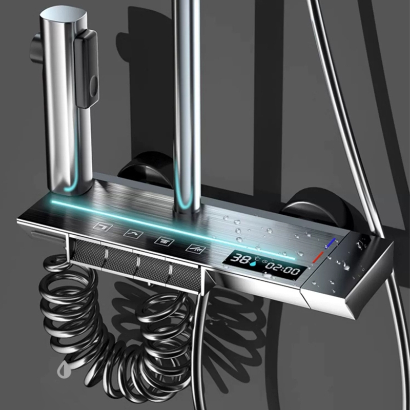 淋浴花洒套装淋雨浴家用枪灰色钢琴键沐浴卫浴数显氛围灯增压喷头