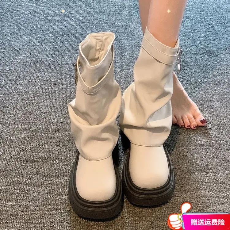 千寻宜牌白色中筒靴女春秋高筒靴厚底小个子长筒靴粗腿可