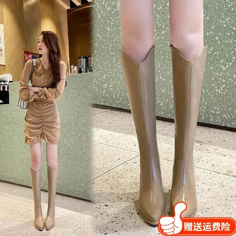 千寻宜牌长筒靴女2023秋季新款粗跟尖头瘦瘦靴小个子显高