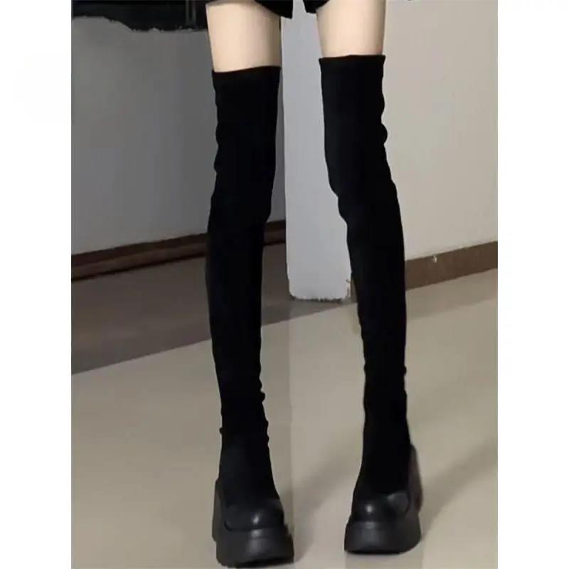 松糕底过膝长靴女增高长筒靴厚底绒面弹力靴超高筒骑士靴ins潮