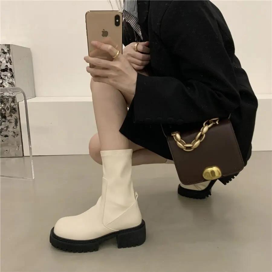 瘦瘦靴厚底马丁靴女2022冬加绒新款中筒切尔西靴百搭法式小短靴潮