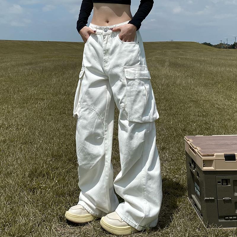 acket美式复古褶皱白色工装裤男女is高街宽松直筒多口袋长裤子