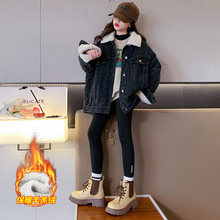 女童牛仔加绒外套秋冬装2023新款加厚羊羔绒复古工装牛仔外套外贸