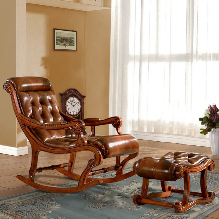 美式复古摇椅真皮全实木橡木休闲椅家用沙发椅鞋柜家用美式家具