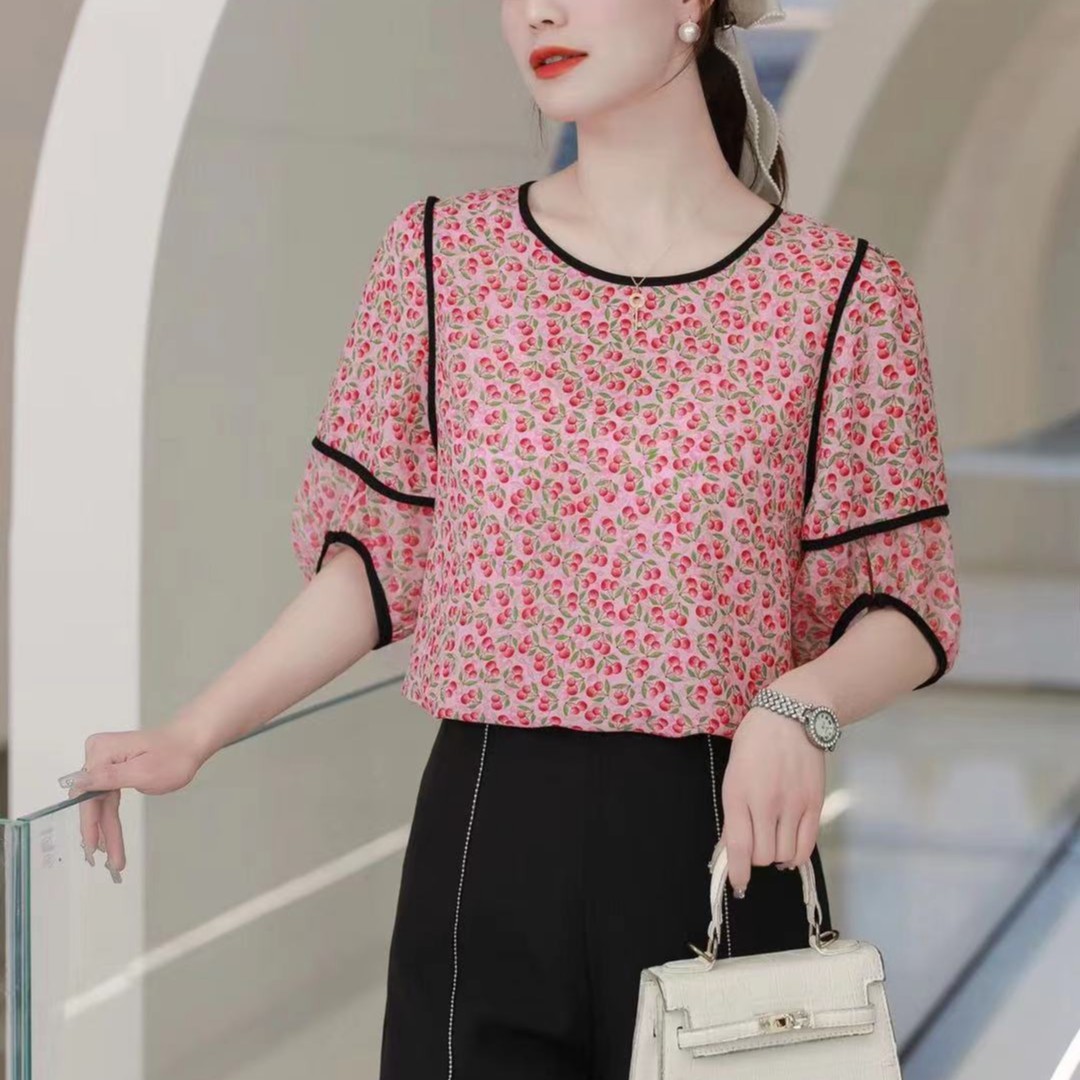 2023夏季短袖樱桃小花女装新品百搭碎花名媛衬衣印花显瘦洋气气质