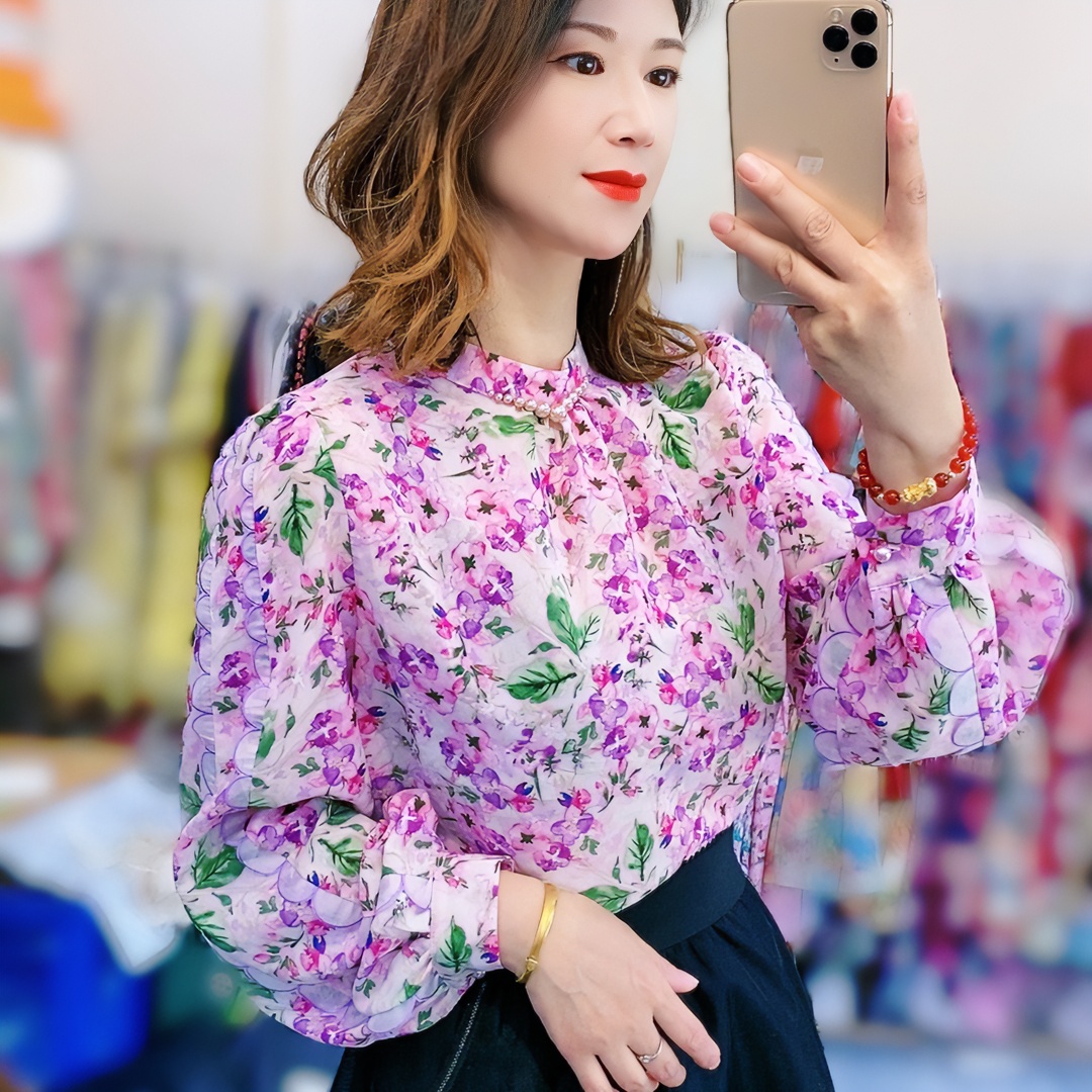 2024新品立领刺绣花洋气时尚衬衫显瘦减龄女士碎花气质通勤上衣