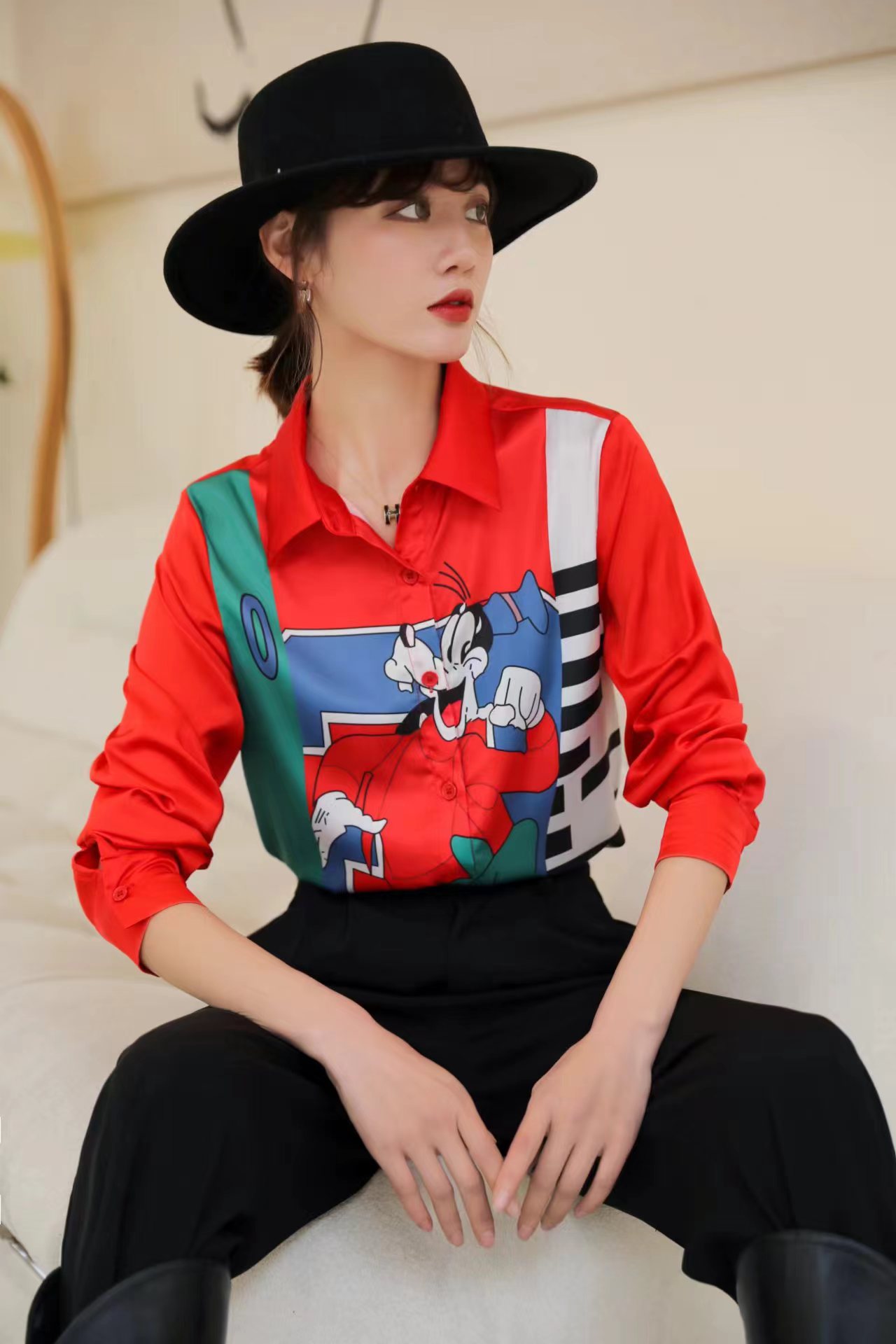 洋气撞色百搭女人味国风气质上衣显瘦复古印花长袖女衬衫衬衣女士