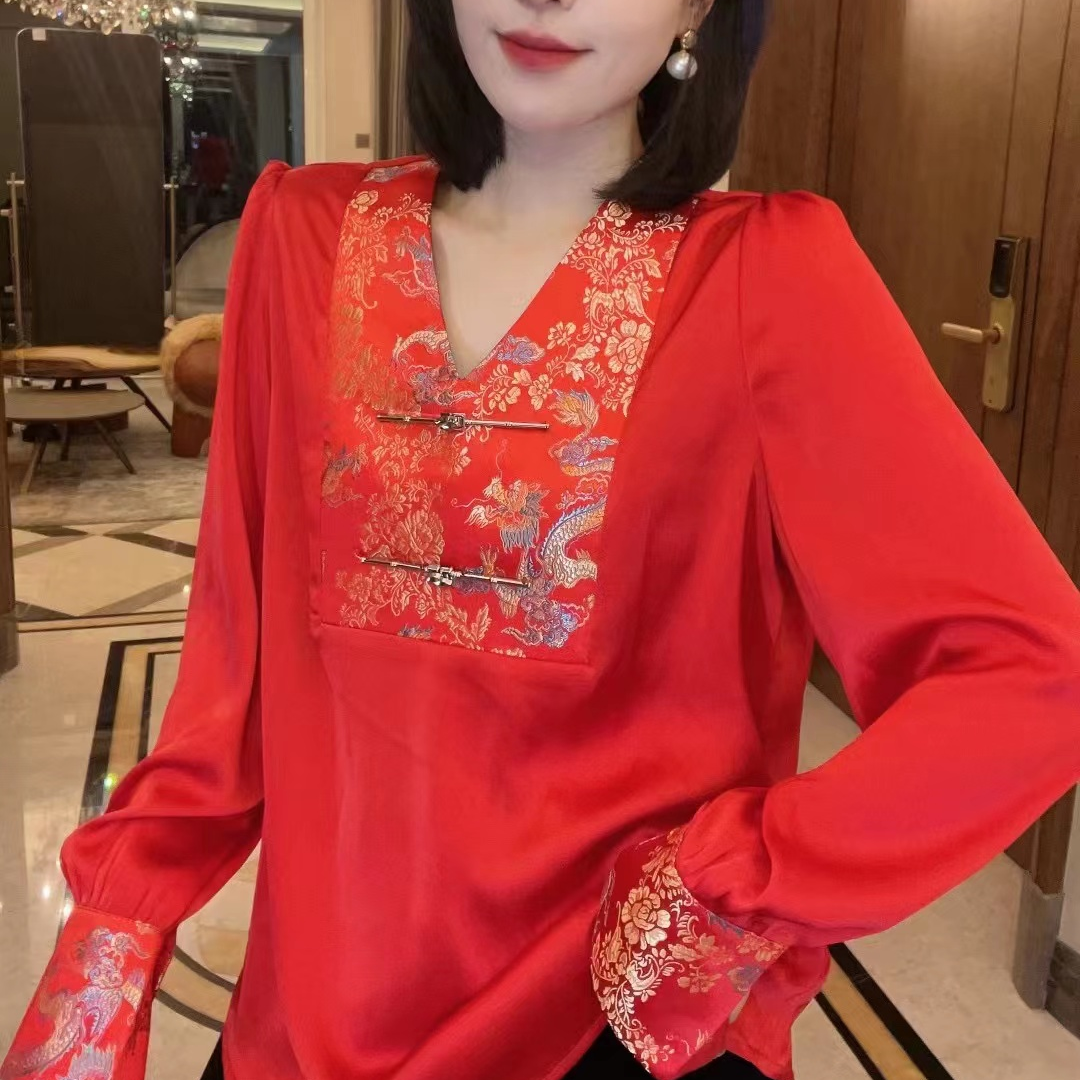 女士V领轻奢印花衬衫小众长袖上衣显瘦洋气复古中国风时尚小衫