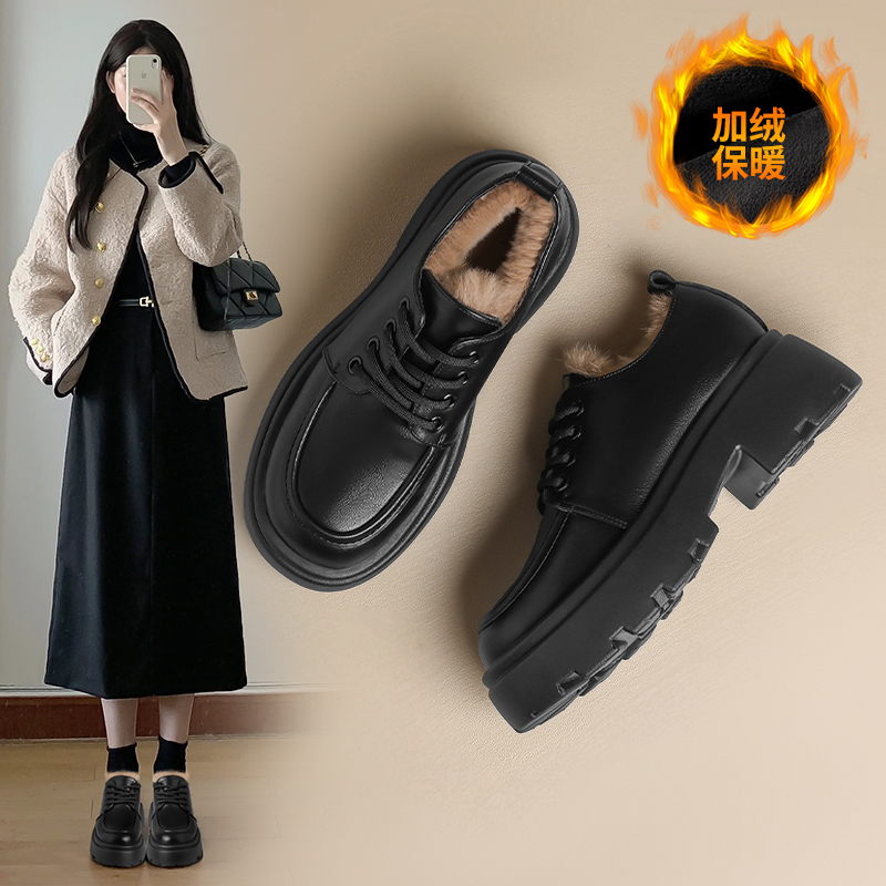 英伦风单鞋女2025冬季黑色厚底百搭加绒乐福鞋制服女鞋